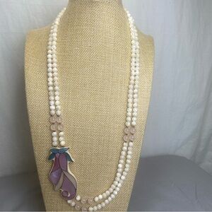Vintage Rose Quartz Mother Of Pearl Signed Sandee Necklace 27 Inch
